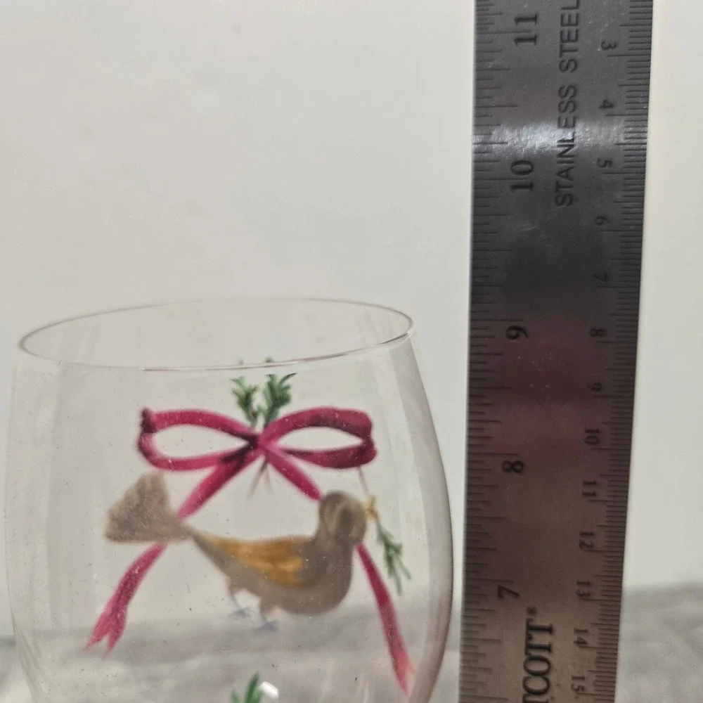 Hand Painted Christmas Wine Glass Bird with Pink Bow Holiday Stemware Festive